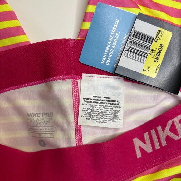 Nike‎ Pro Stripe Capri Leggings Womens Size Small Hot Pink Yellow Active Sport - Picture 2 of 8